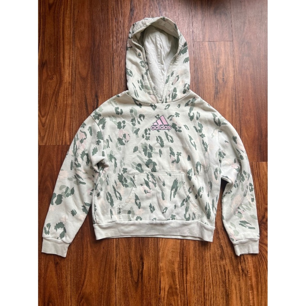 adidas Girls L Floral Camo Hoodie Pink Green Pullover Sweatshirt Size 14